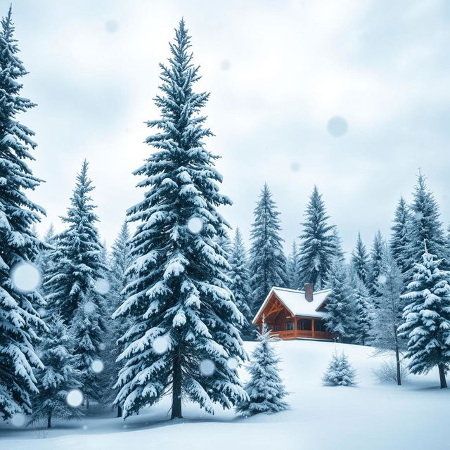 A serene winter landscape with a soft snowfall in progress