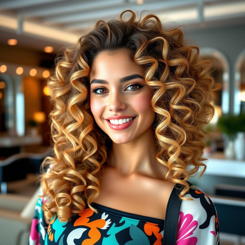 A portrait of a stylish young woman with glamorous perm curly hair, showcasing voluminous, bouncy curls cascading down her shoulders