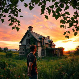 A panoramic view of an ancient, dilapidated house set in a lush green landscape, with overgrown vines and wildflowers surrounding it