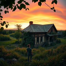 A panoramic view of an ancient, dilapidated house set in a lush green landscape, with overgrown vines and wildflowers surrounding it