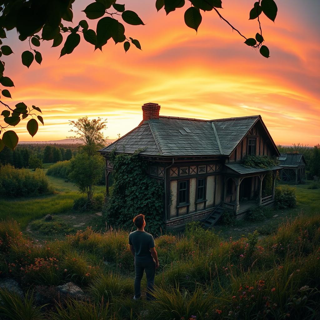 A panoramic view of an ancient, dilapidated house set in a lush green landscape, with overgrown vines and wildflowers surrounding it
