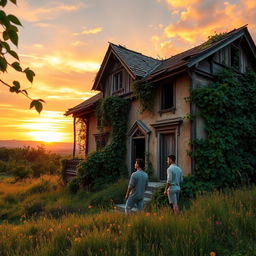 A panoramic view of an ancient, dilapidated house set in a lush green landscape, with overgrown vines and wildflowers surrounding it