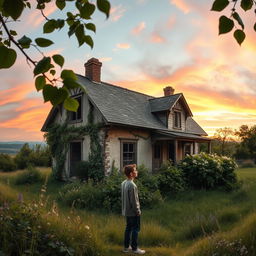 A panoramic view of an ancient, dilapidated house set in a lush green landscape, with overgrown vines and wildflowers surrounding it