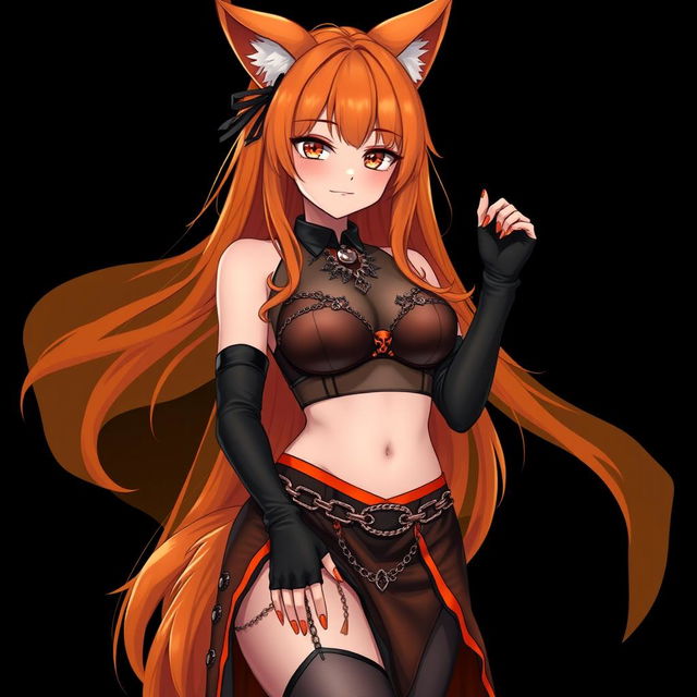 A realistic sexy gothic anime Kitsune girl with a flustered yet subtle smile, showing a charming blush on her cheeks