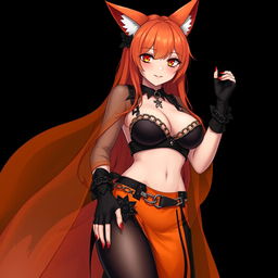 A realistic sexy gothic anime Kitsune girl with a flustered yet subtle smile, showing a charming blush on her cheeks