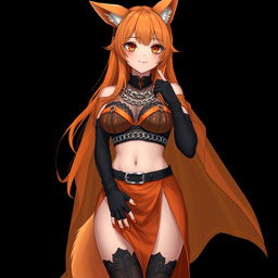 A realistic sexy gothic anime Kitsune girl with a flustered yet subtle smile, showing a charming blush on her cheeks