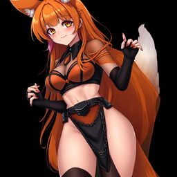 A realistic sexy gothic anime Kitsune girl with a flustered yet subtle smile, showing a charming blush on her cheeks