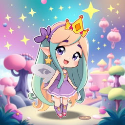 A stylized character inspired by Star Butterfly, depicted in a whimsical and magical environment