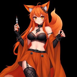 A realistic sexy gothic anime Kitsune girl with a flustered subtle smile and a cute blush on her cheeks