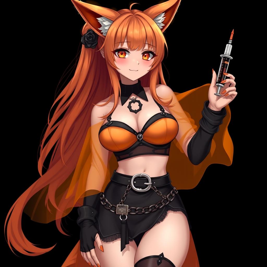 A realistic sexy gothic anime Kitsune girl with a flustered subtle smile and a cute blush on her cheeks