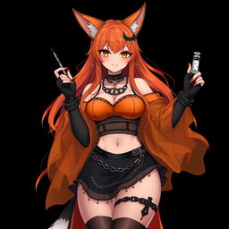 A realistic sexy gothic anime Kitsune girl with a flustered subtle smile and a cute blush on her cheeks