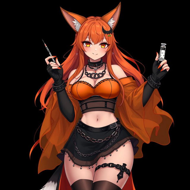 A realistic sexy gothic anime Kitsune girl with a flustered subtle smile and a cute blush on her cheeks