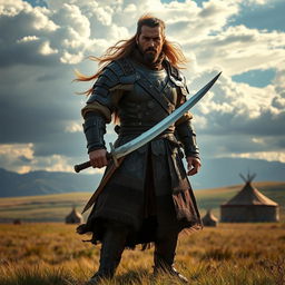 A magnificent 13th-century Mongolian hero standing proudly on a vast grassland, dressed in traditional armor made of leather and metal, adorned with intricate designs