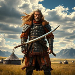 A magnificent 13th-century Mongolian hero standing proudly on a vast grassland, dressed in traditional armor made of leather and metal, adorned with intricate designs