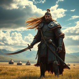 A magnificent 13th-century Mongolian hero standing proudly on a vast grassland, dressed in traditional armor made of leather and metal, adorned with intricate designs