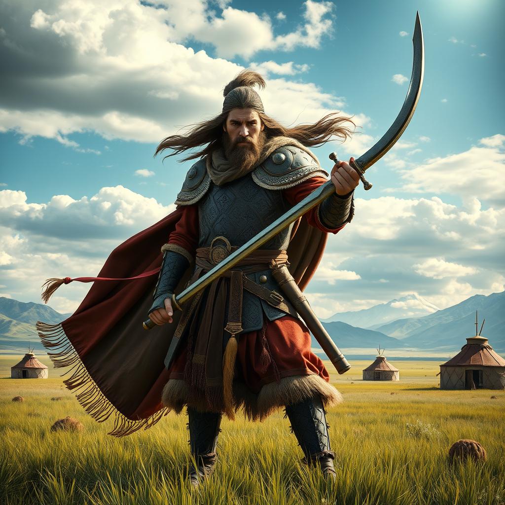 A magnificent 13th-century Mongolian hero standing proudly on a vast grassland, dressed in traditional armor made of leather and metal, adorned with intricate designs
