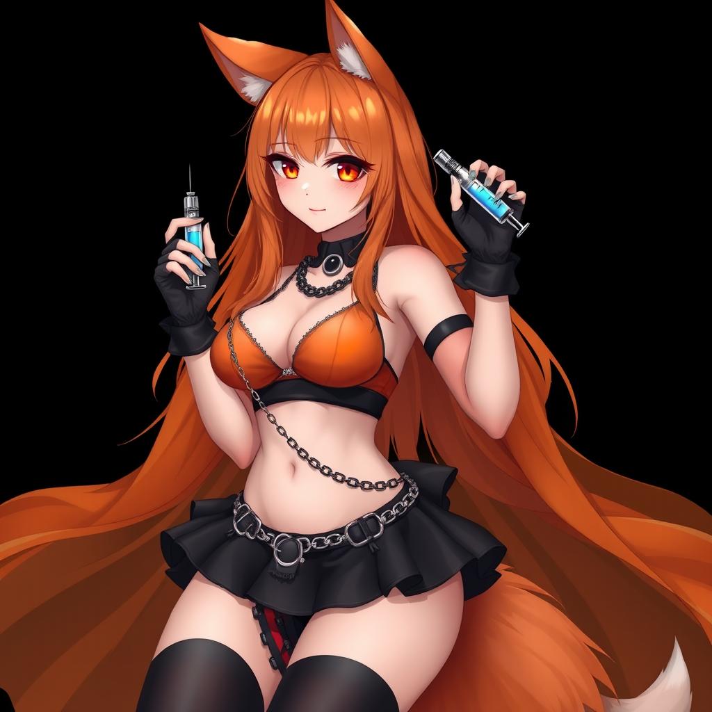 A realistic sexy gothic anime Kitsune girl with a flustered subtle smile and a cute blush on her cheeks, featuring long orange hair that flows down to her lower back