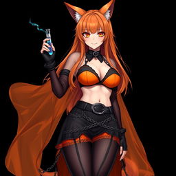 A realistic sexy gothic anime Kitsune girl with a flustered subtle smile and a cute blush on her cheeks, featuring long orange hair that flows down to her lower back