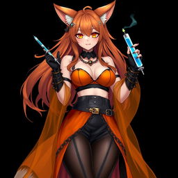 A realistic sexy gothic anime Kitsune girl with a flustered subtle smile and a cute blush on her cheeks, featuring long orange hair that flows down to her lower back
