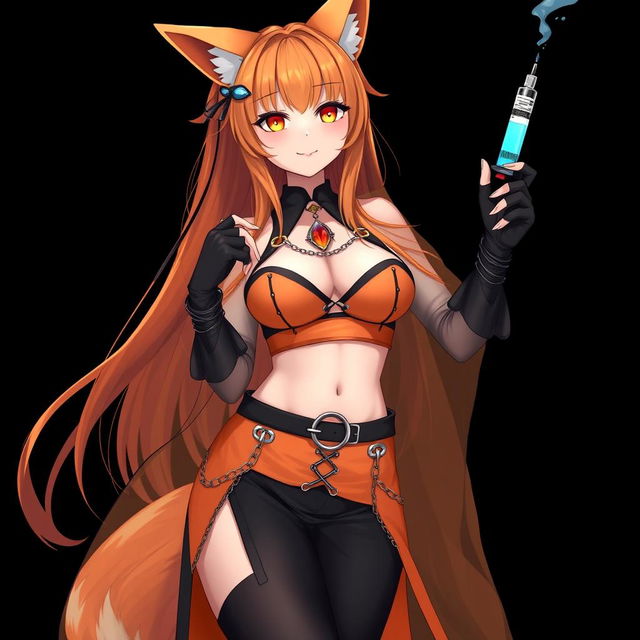 A realistic sexy gothic anime Kitsune girl with a flustered subtle smile and a cute blush on her cheeks, featuring long orange hair that flows down to her lower back