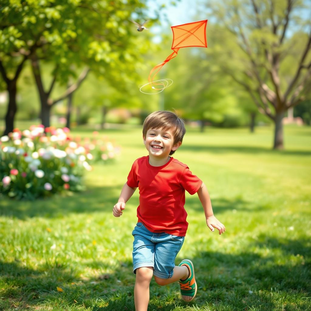 A cheerful young boy playing in a sunny park, surrounded by blooming flowers and green grass