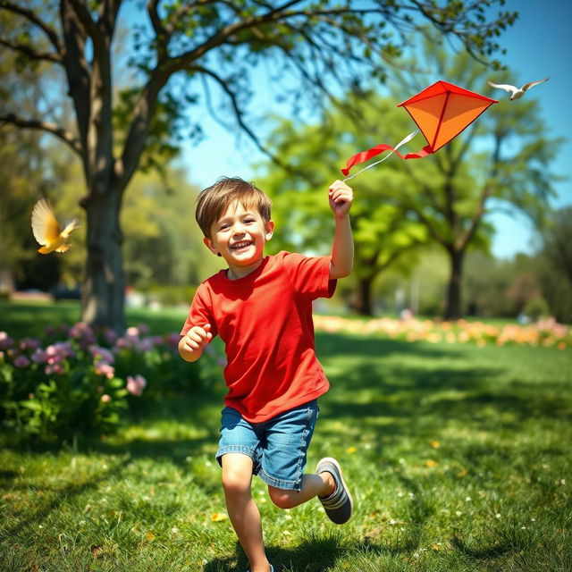 A cheerful young boy playing in a sunny park, surrounded by blooming flowers and green grass