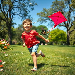 A cheerful young boy playing in a sunny park, surrounded by blooming flowers and green grass