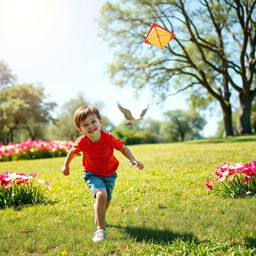 A cheerful young boy playing in a sunny park, surrounded by blooming flowers and green grass