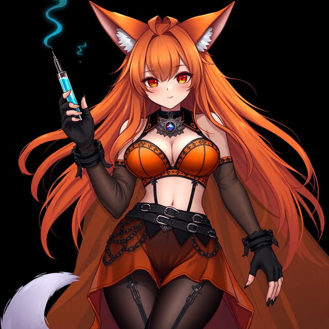 A realistic sexy gothic anime Kitsune girl with a flustered subtle smile and a cute blush on her cheeks