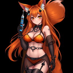 A realistic sexy gothic anime Kitsune girl with a flustered subtle smile and a cute blush on her cheeks