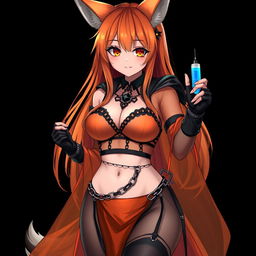 A realistic sexy gothic anime Kitsune girl with a flustered subtle smile and a cute blush on her cheeks