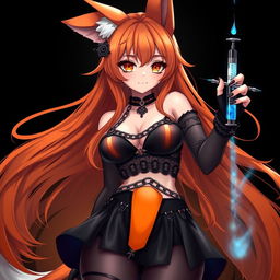 A realistic sexy gothic anime Kitsune girl with a flustered subtle smile and a cute blush on her cheeks