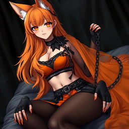 A realistic sexy gothic anime Kitsune girl with a flustered expression and a cute blush on her cheeks, featuring long orange hair that cascades down to her lower back