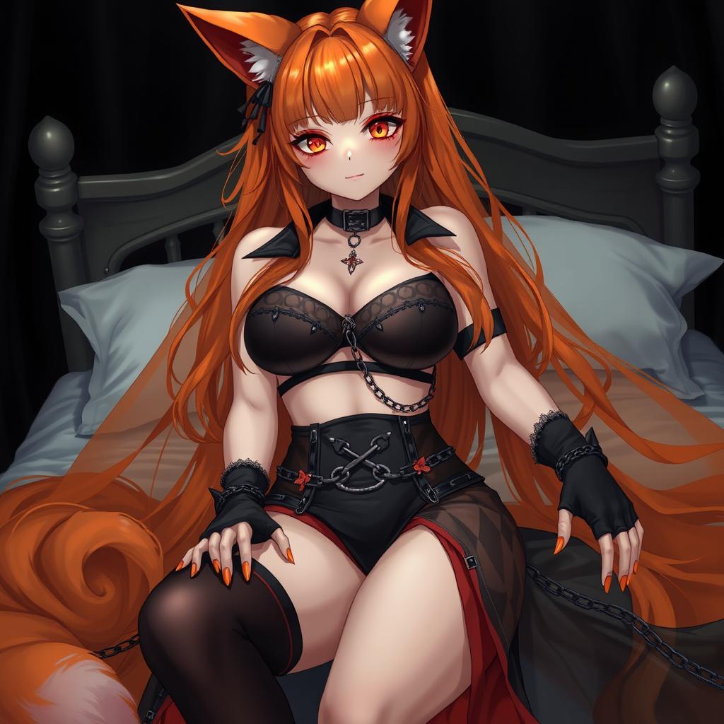 A realistic sexy gothic anime Kitsune girl with a flustered expression and a cute blush on her cheeks, featuring long orange hair that cascades down to her lower back