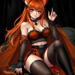A realistic sexy gothic anime Kitsune girl with a flustered expression and a cute blush on her cheeks, featuring long orange hair that cascades down to her lower back