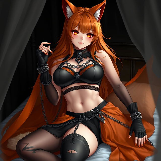 A realistic sexy gothic anime Kitsune girl with a flustered expression and a cute blush on her cheeks, featuring long orange hair that cascades down to her lower back