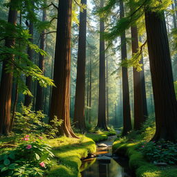 A lush forest scene filled with tall, majestic trees, with sunlight filtering through the leaves creating a beautiful dappled light effect on the forest floor