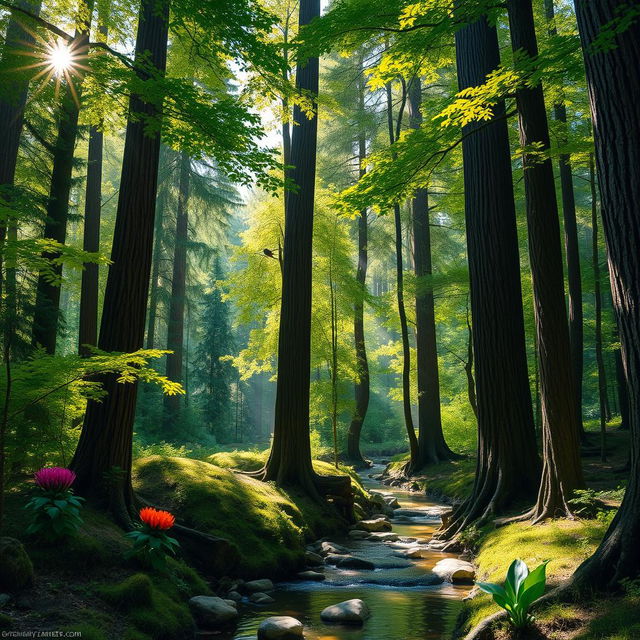 A lush forest scene filled with tall, majestic trees, with sunlight filtering through the leaves creating a beautiful dappled light effect on the forest floor