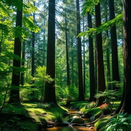 A lush forest scene filled with tall, majestic trees, with sunlight filtering through the leaves creating a beautiful dappled light effect on the forest floor
