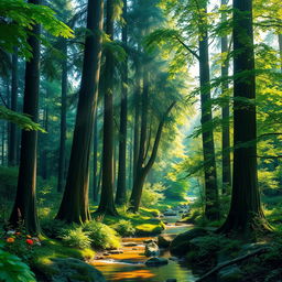 A lush forest scene filled with tall, majestic trees, with sunlight filtering through the leaves creating a beautiful dappled light effect on the forest floor