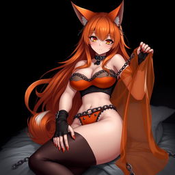 A realistic sexy gothic anime Kitsune girl with a flustered expression and a cute blush on her cheeks, showcasing long orange hair that flows down to her lower back
