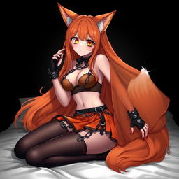 A realistic sexy gothic anime Kitsune girl with a flustered expression and a cute blush on her cheeks, showcasing long orange hair that flows down to her lower back