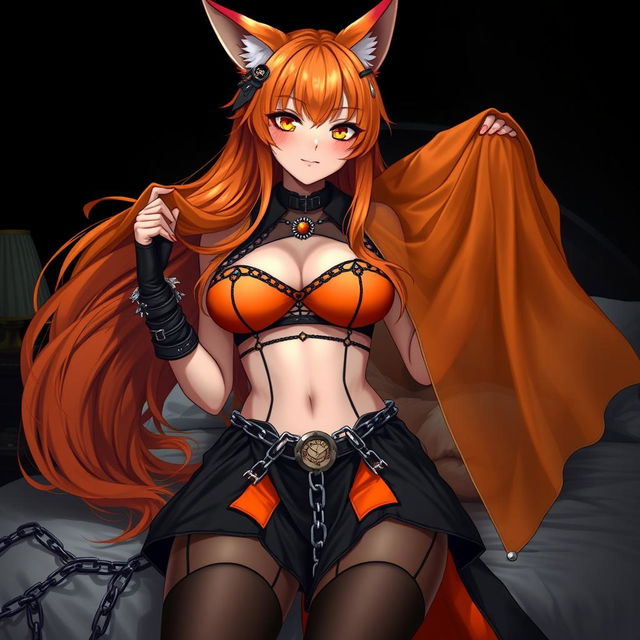 A realistic sexy gothic anime Kitsune girl with a flustered expression and a cute blush on her cheeks, showcasing long orange hair that flows down to her lower back