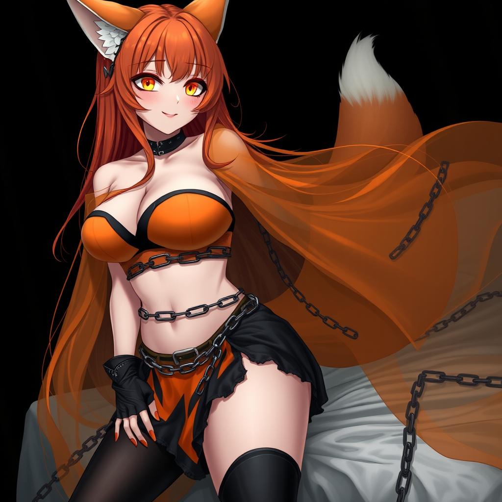 A realistic sexy gothic anime Kitsune girl with a flustered expression and a cute blush on her cheeks, showcasing long orange hair that flows down to her lower back