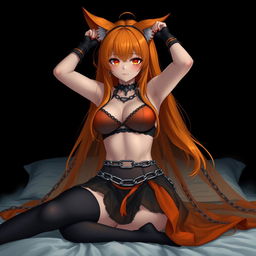 A realistic sexy gothic anime Kitsune girl with a flustered expression and a soft blush on her cheeks, characterized by her long orange hair that cascades down to her lower back