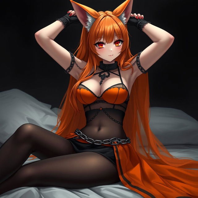 A realistic sexy gothic anime Kitsune girl with a flustered expression and a soft blush on her cheeks, characterized by her long orange hair that cascades down to her lower back