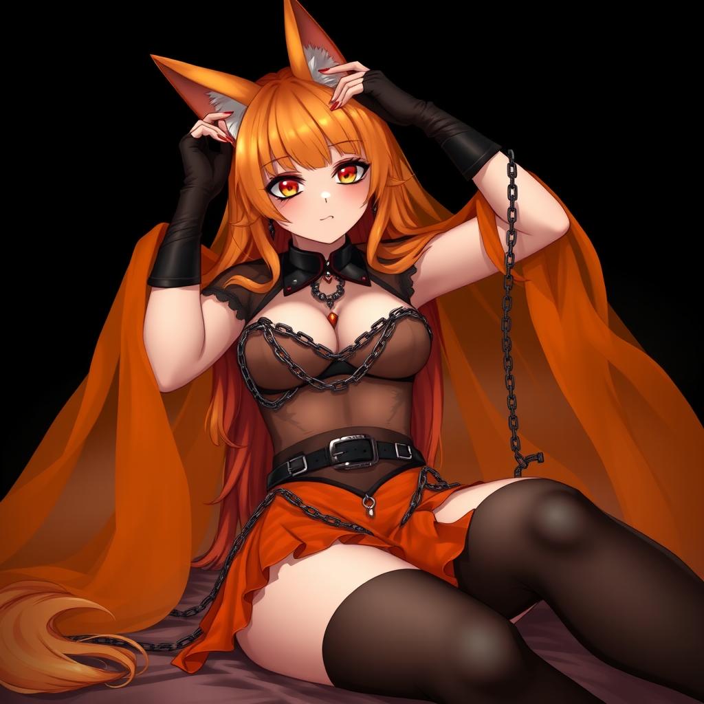 A realistic sexy gothic anime Kitsune girl with a flustered expression and a soft blush on her cheeks, characterized by her long orange hair that cascades down to her lower back