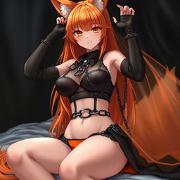 A realistic sexy gothic anime Kitsune girl with a flustered expression and a soft blush on her cheeks, characterized by her long orange hair that cascades down to her lower back