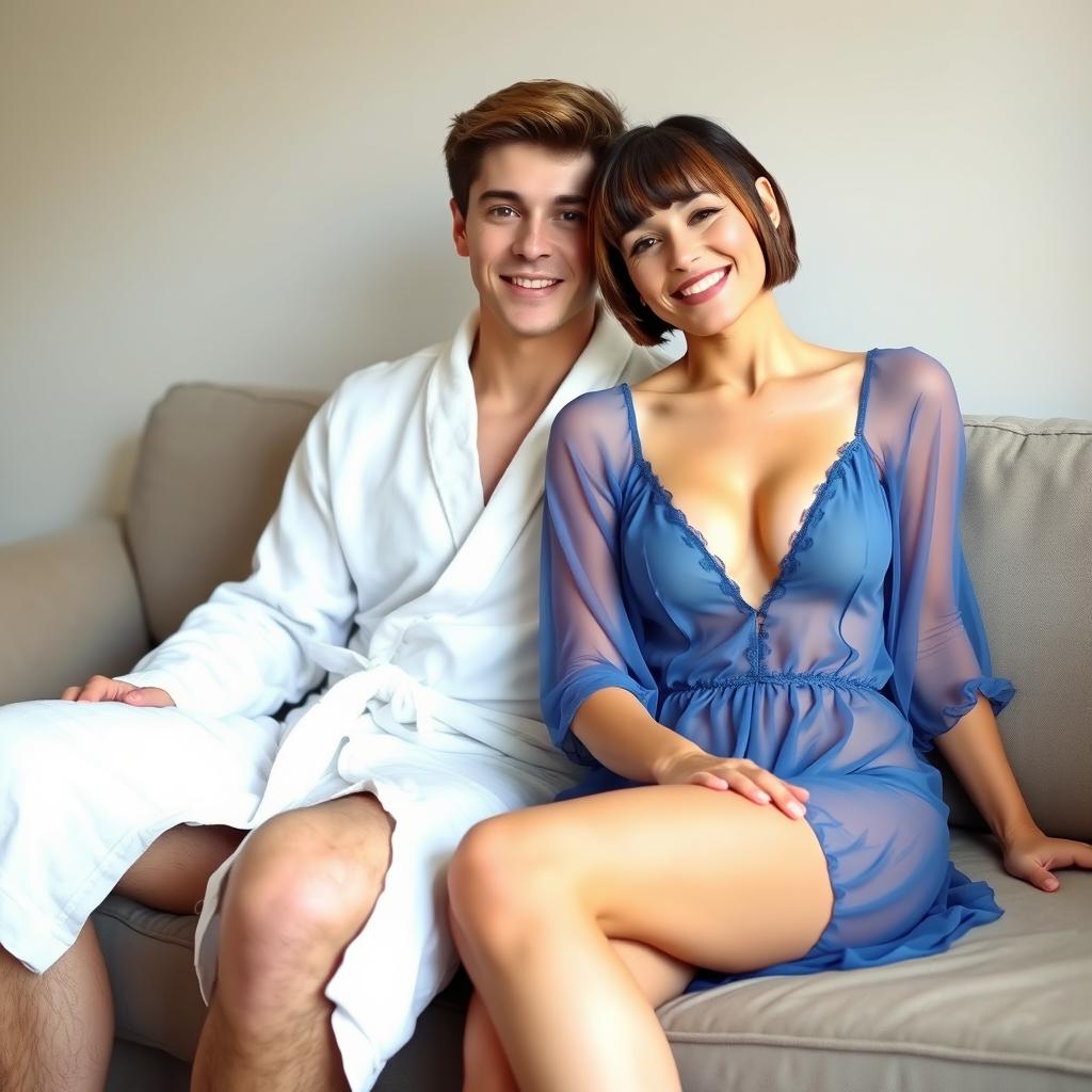 A young couple sitting closely on a couch, radiating warmth and affection