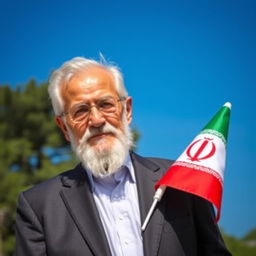 A 70-year-old man wearing a suit, standing proudly with an Iranian flag in his hand